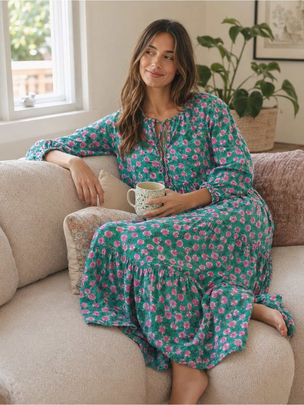 Green Pink Rose Floral Tiered Maxi Dress Puff Sleeve Size M